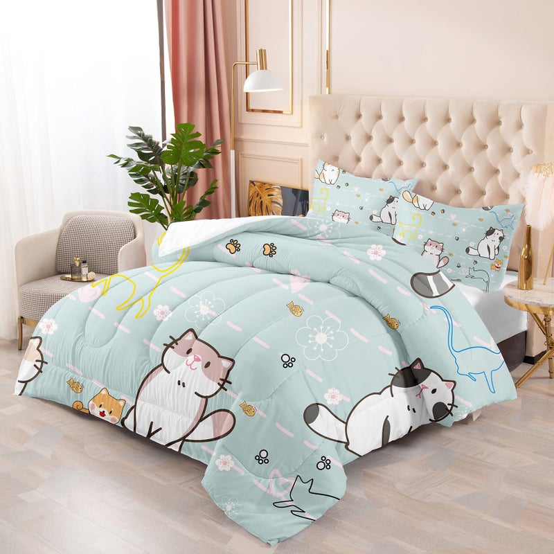 Kossmjx Cat Bedding Set Twin Size  Cartoon Cats Comforter for Girls Kids Teens  Blue Lovely Quilt Animal Pattern Comforter Set Soft Breathable Cute Duvet Set for All Season 2Pcs with Pillowcase - Image 2